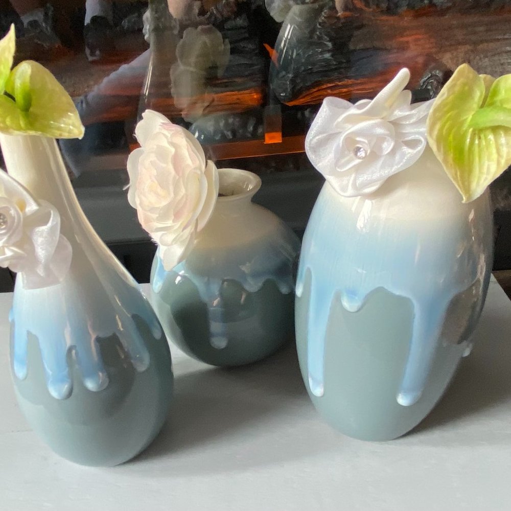 NWT Beautiful 3 Piece Contemporary Glazed Drip Pottery Set-Moss Light Green/Blue - Picture 5 of 16